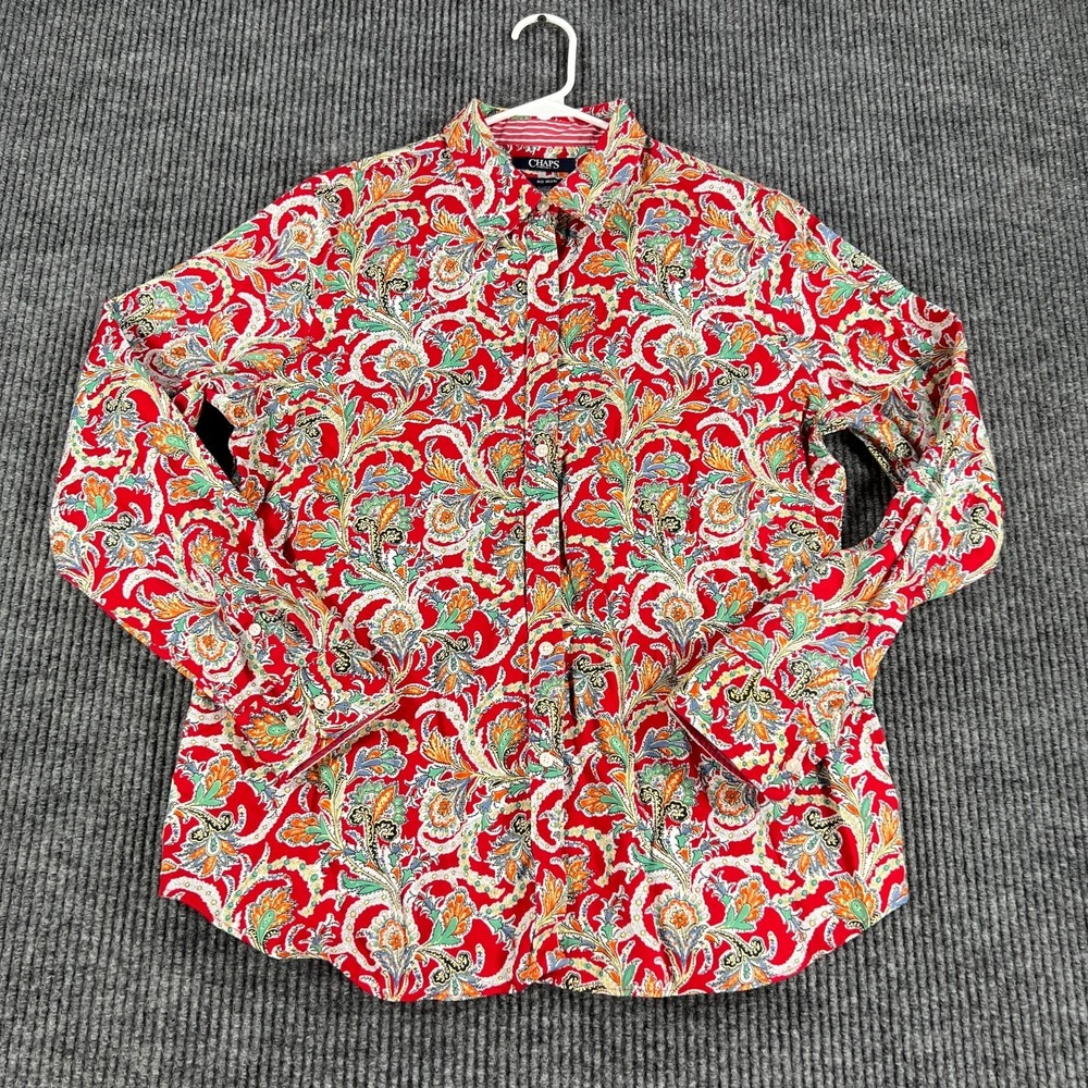 Chaps Petite Shirt Womens Large Red Paisley Long Sleeve No Iron Casual Comfort - Picture 3 of 12